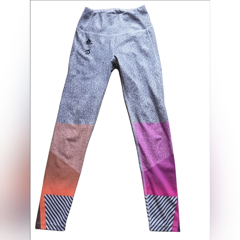 Adidas Peloton Heat RDY Athletic Leggings Speckled Print Neon Detail Sz XS EUC